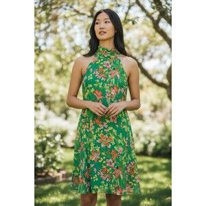 NEW Vince Camuto Vibrant Green Floral Sleeveless Halter Midi Lined Dress Size 2